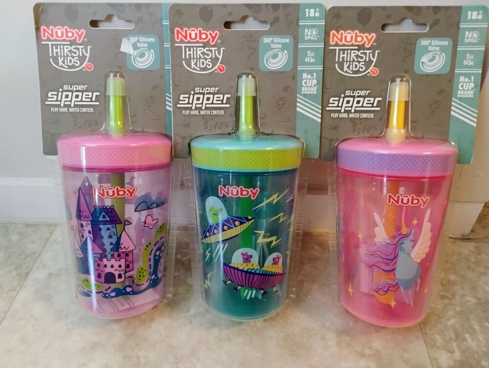 Lot of 3 New Nuby Thirsty Kids Super Sipper 14oz Cups Swivel Straw No Spill